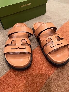 Tory Burch Inez Sport Slide Cognac Leather Double-T Slide Sandals Size 8